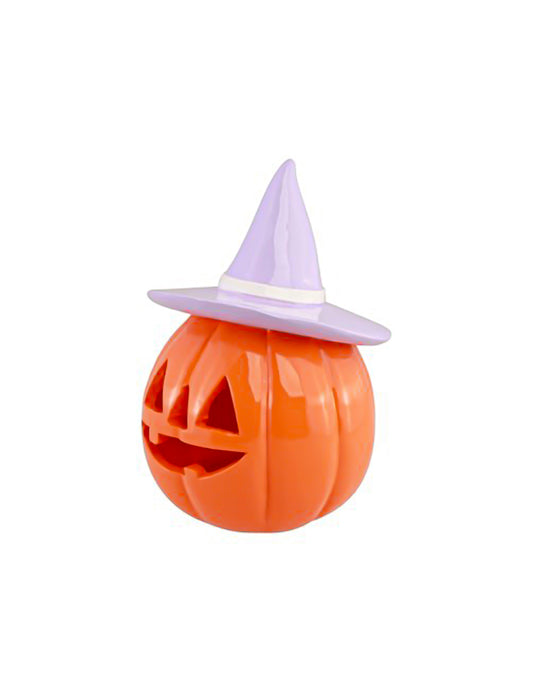 Dekorativní dýně Summerween z oranžové pryskyřice s lila kloboukem 12,5 x 12,3 x 17 cm