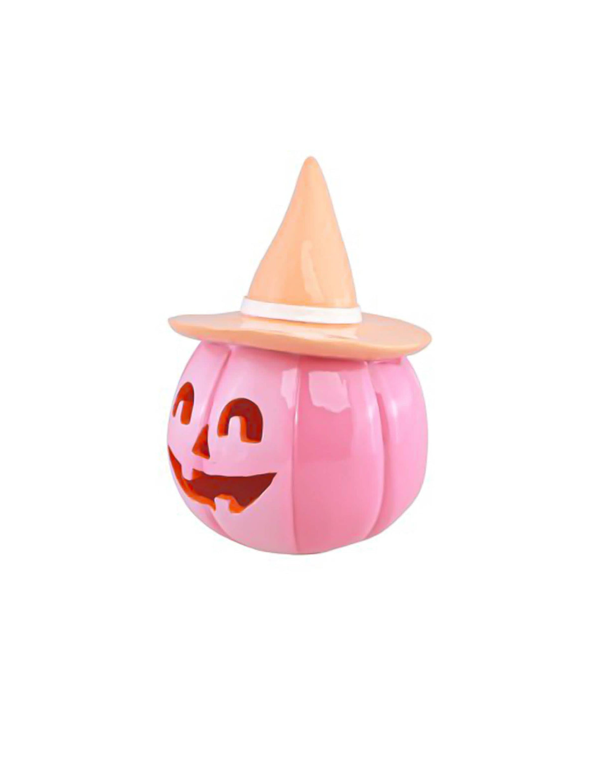 Dekorativní dýně Summerween z růžové pryskyřice s pastelově oranžovým kloboukem 12,5 x 12,3 x 17 cm