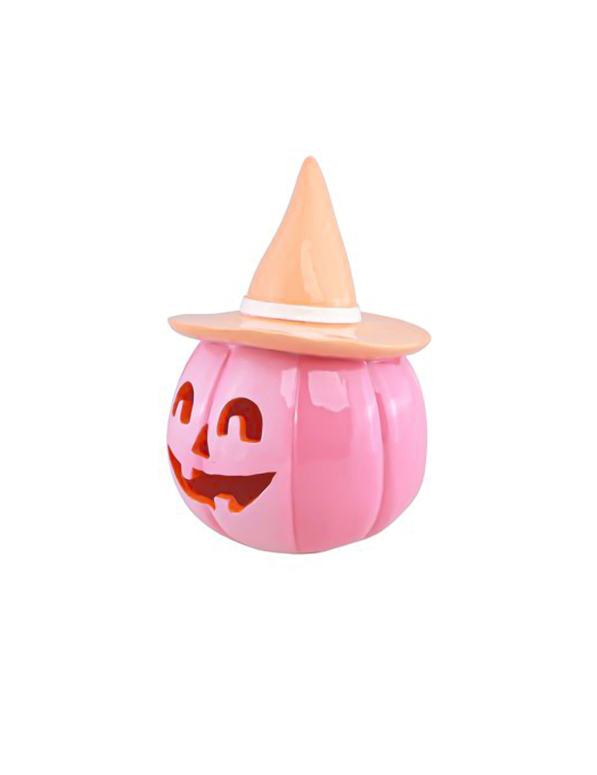 Dekorativní dýně Summerween z růžové pryskyřice s pastelově oranžovým kloboukem 12,5 x 12,3 x 17 cm