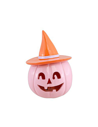 Dekorativní dýně Summerween z pastelově růžové pryskyřice s oranžovým kloboukem 12,5 x 12,3 x 17 cm