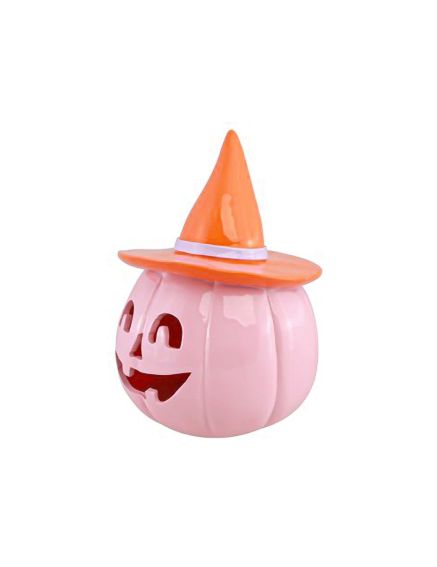 Dekorativní dýně Summerween z pastelově růžové pryskyřice s oranžovým kloboukem 12,5 x 12,3 x 17 cm