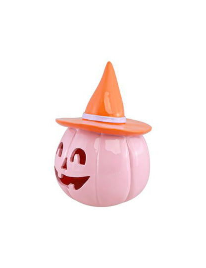 Dekorativní dýně Summerween z pastelově růžové pryskyřice s oranžovým kloboukem 12,5 x 12,3 x 17 cm