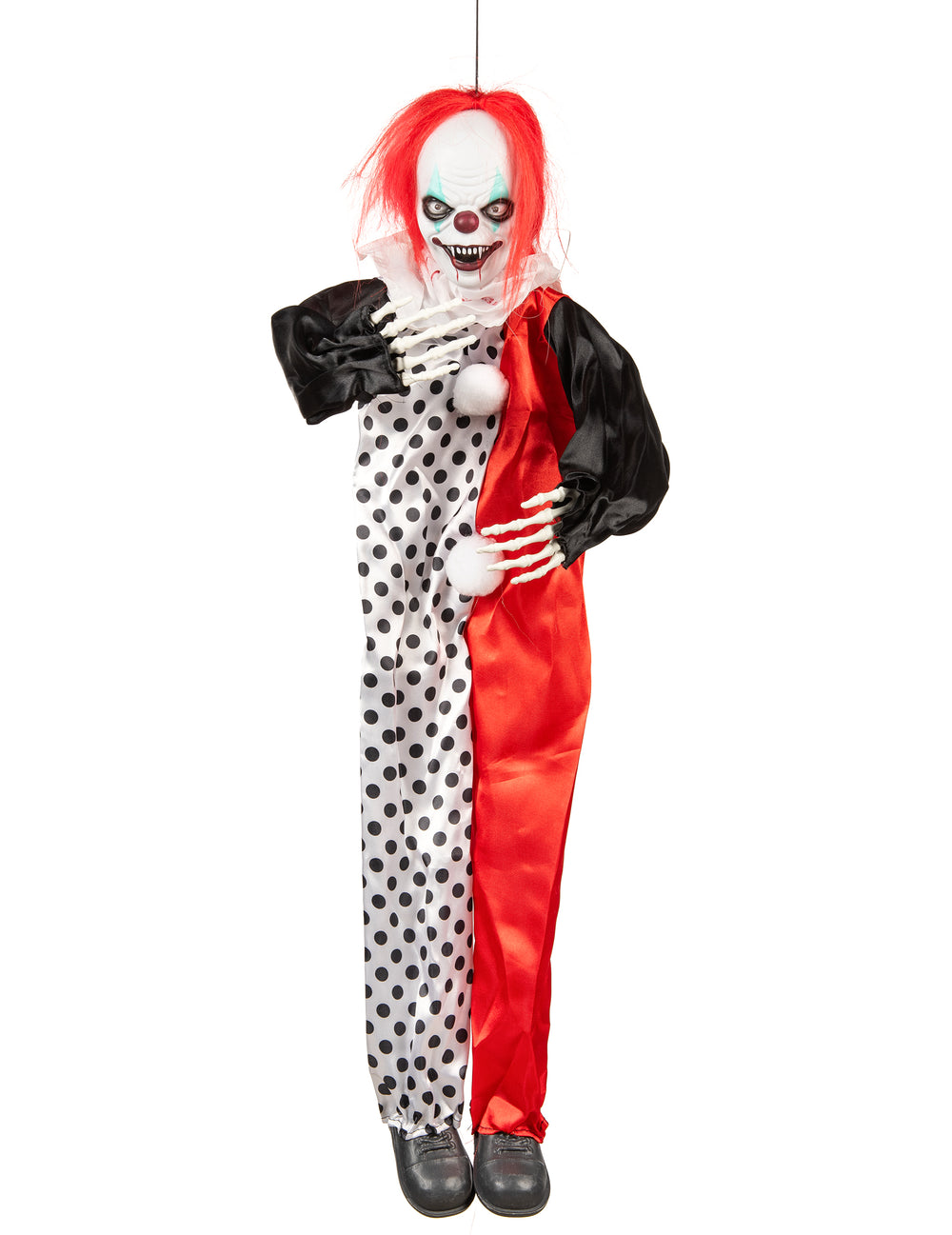 Clown assassin lumineux pour Halloween rouge et noir à pois avec mains squelettiques