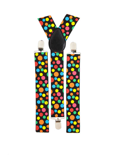 Bretelles de clown pour adulte noires à points multicolores