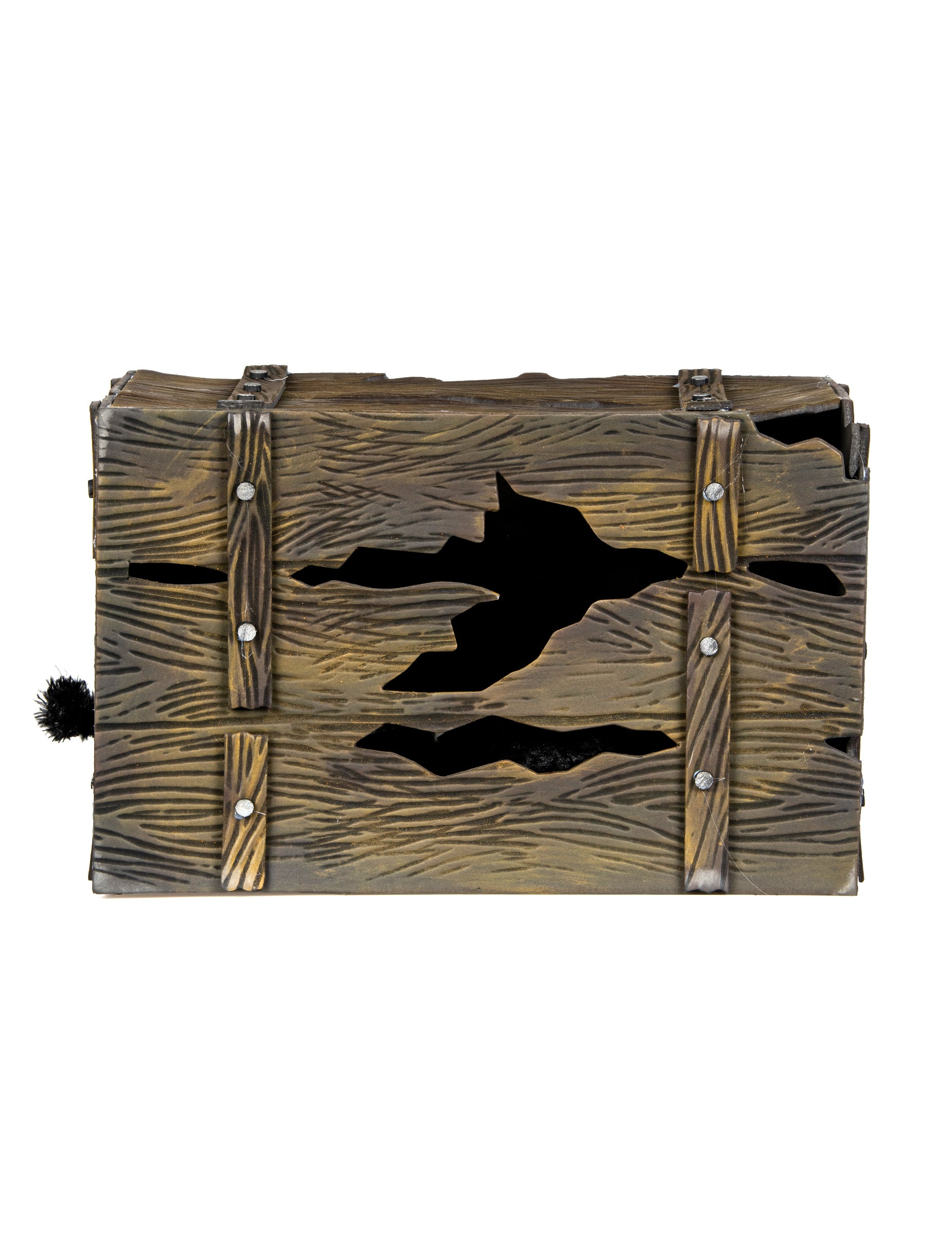 Coffre lumineux et sonore avec créature cachée pour décoration marron effet bois cassé