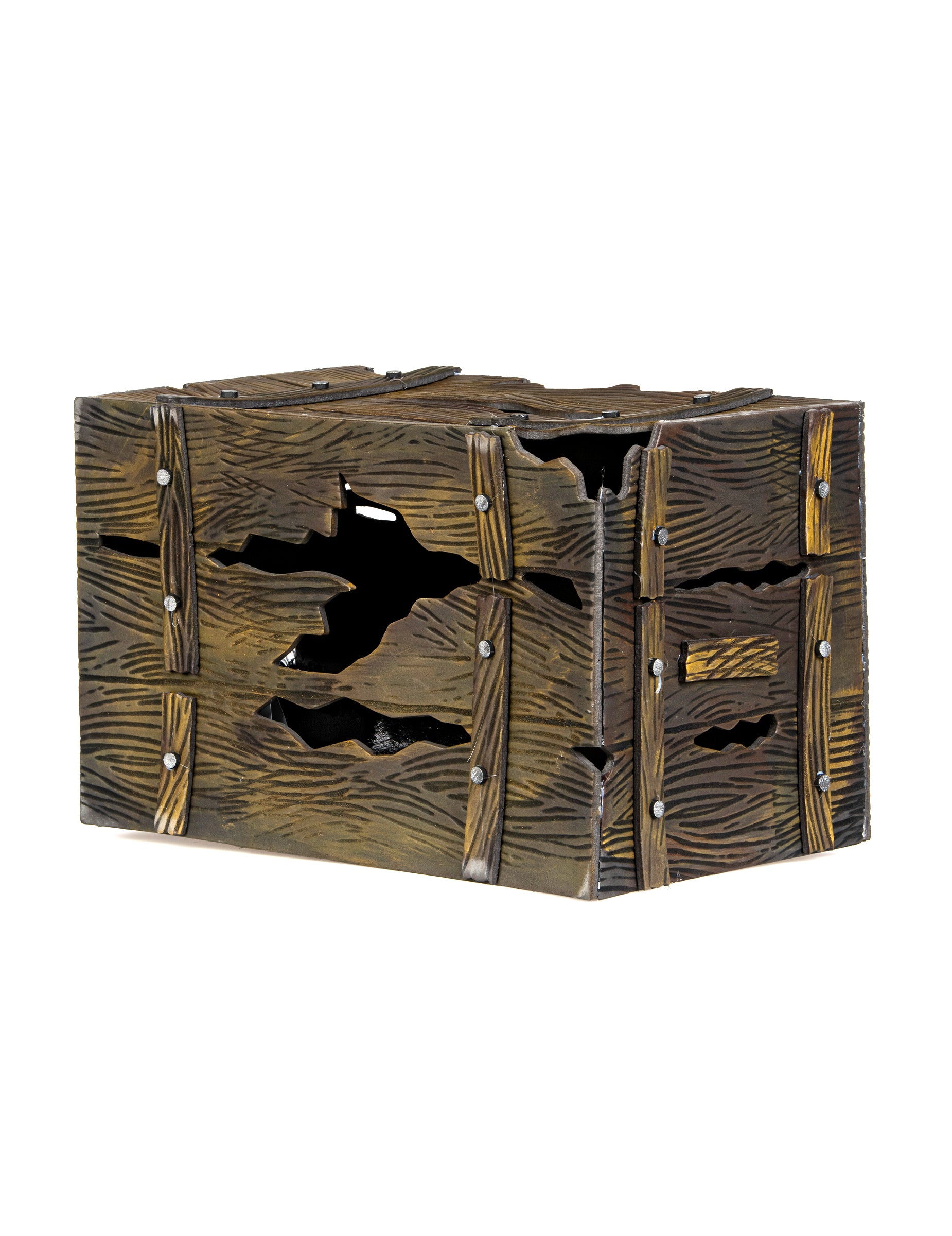 Vue de trois-quarts du coffre lumineux et sonore avec créature cachée