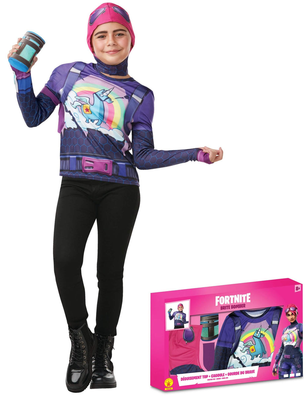Kostým Brite Bomber Fortnite pro dospívající dívku fialová a růžová s topem, kapucí a lahví na pití