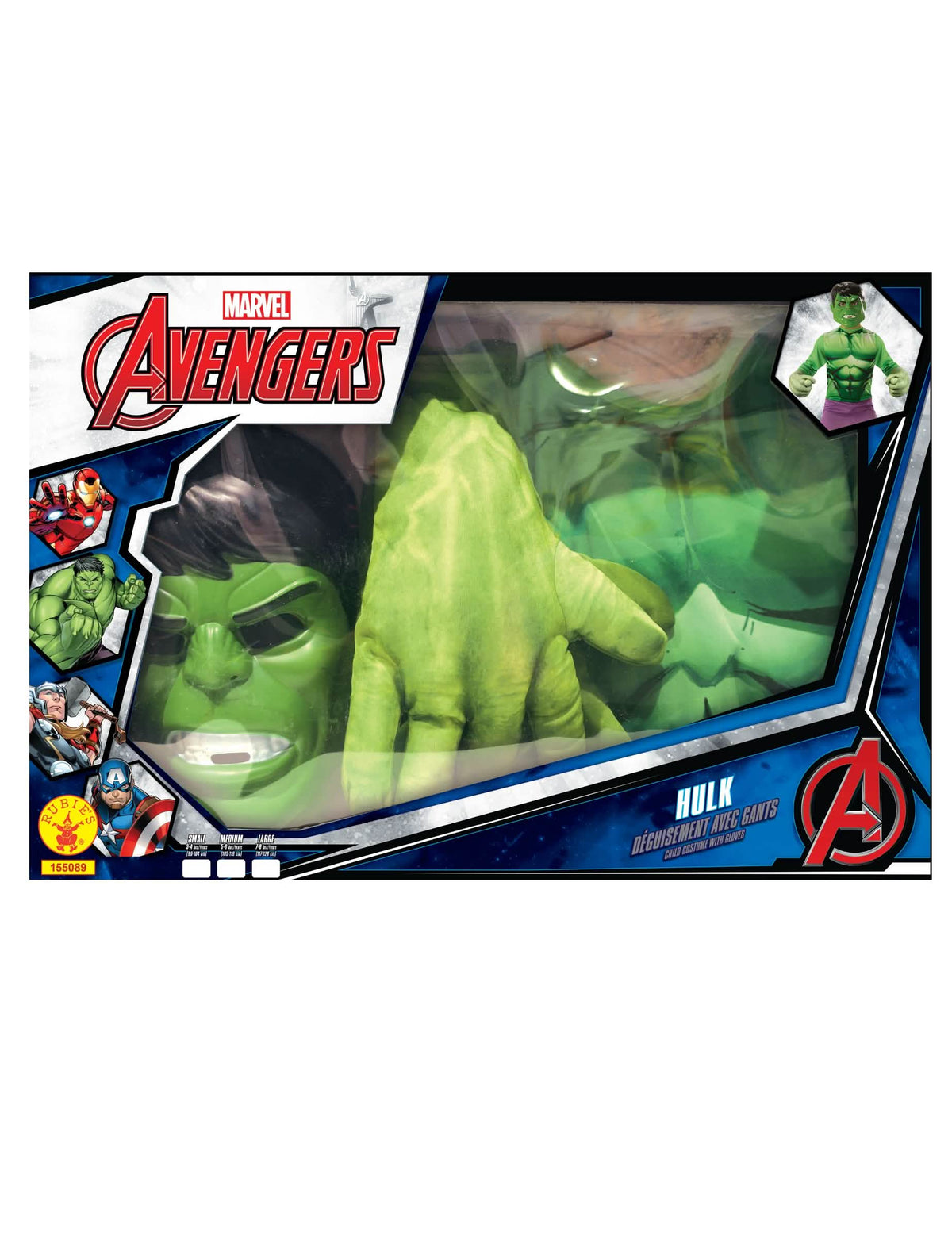 Pohled na balení s maskou a rukavicemi klasické sady Hulk s obřími rukavicemi pro chlapec