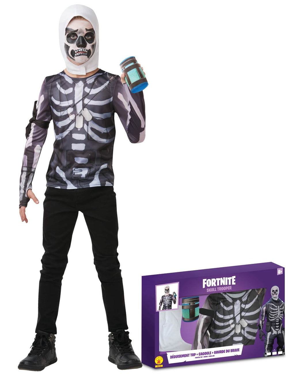 Kostýmová sada Skull Trooper Fortnite pro teenagera v černé a bílé s kuklou a lahví na pití