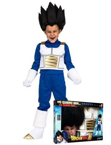 Verkleidung mit Vegeta Dragon Ball-Perücke für Kinder in Blau und Weiß mit goldener Rüstung
