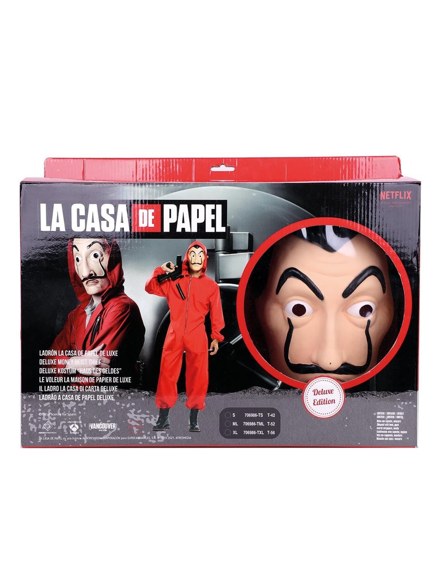 Vue de l'emballage du coffret déguisement et masque luxe La Casa de Papel pour adulte