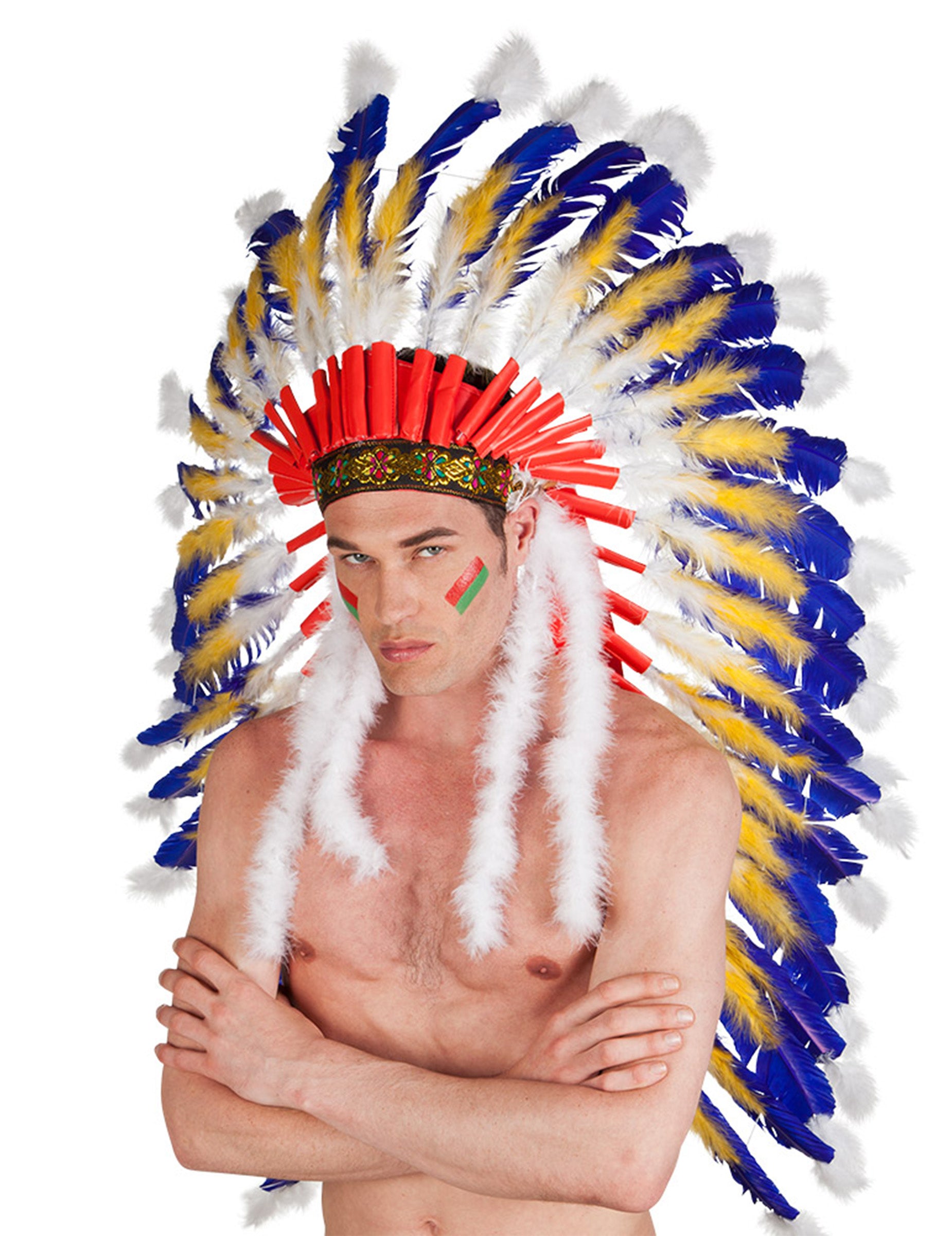 Klobouk indiánského náčelníka pro dospělé s modrými, žlutými a bílými peřím