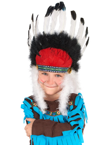 Coiffe chef indien avec plumes pour enfant rouge noir et blanc