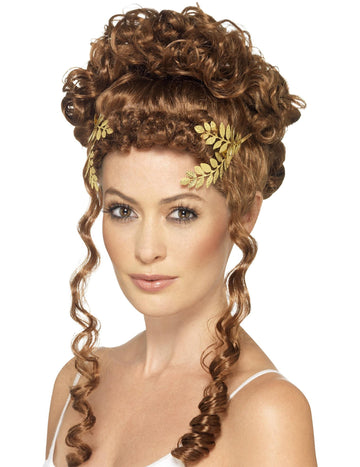 Coiffe feuille de laurier sexy pour femme châtaine avec feuilles dorées