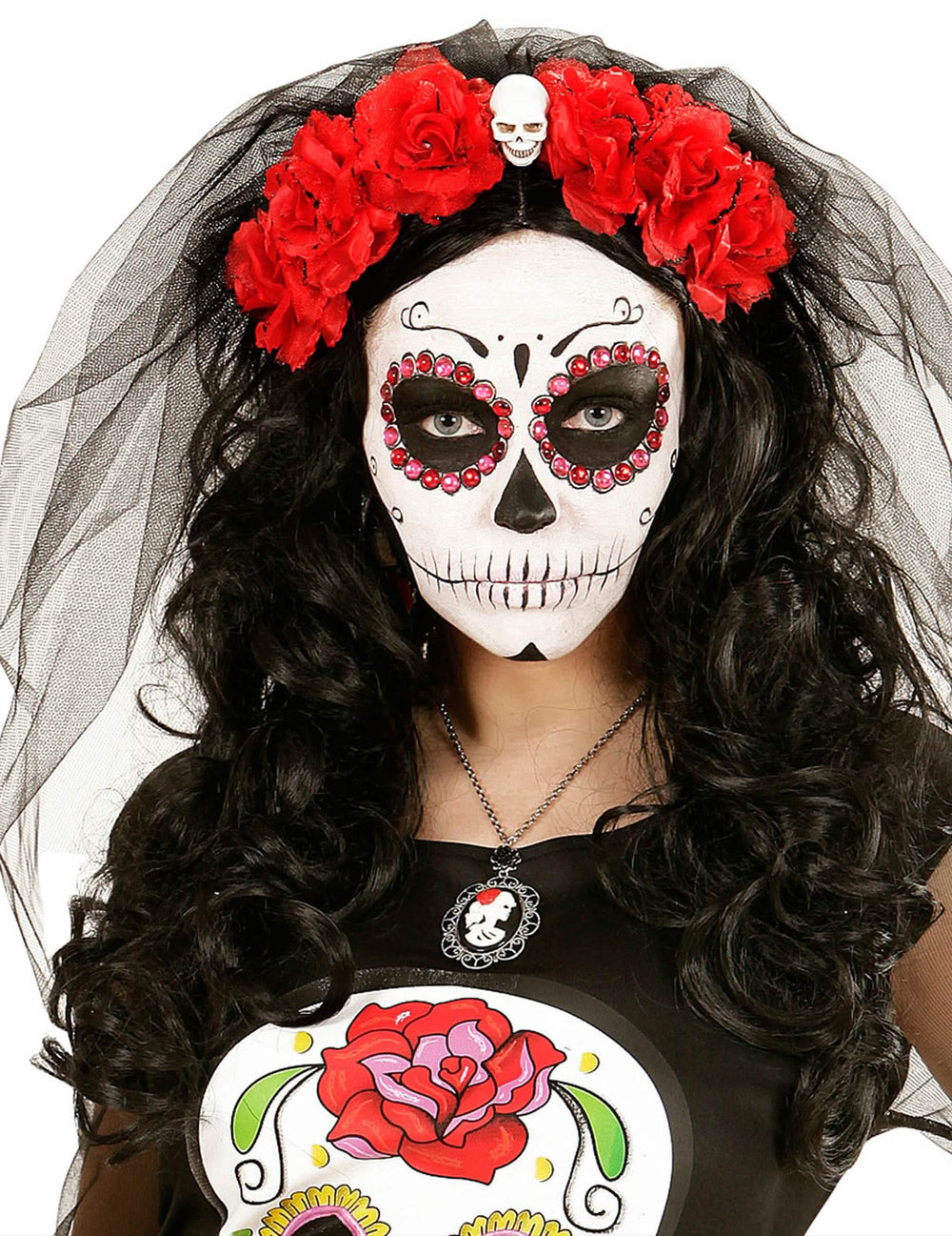 Čelenka s červenými květy a lebkou Dia de los muertos pro ženu s černým závojem