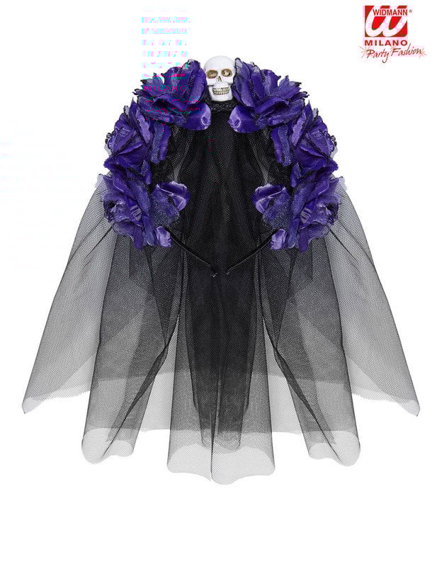 Vue de face de la coiffe fleurs violettes avec tête de mort Dia de los muertos