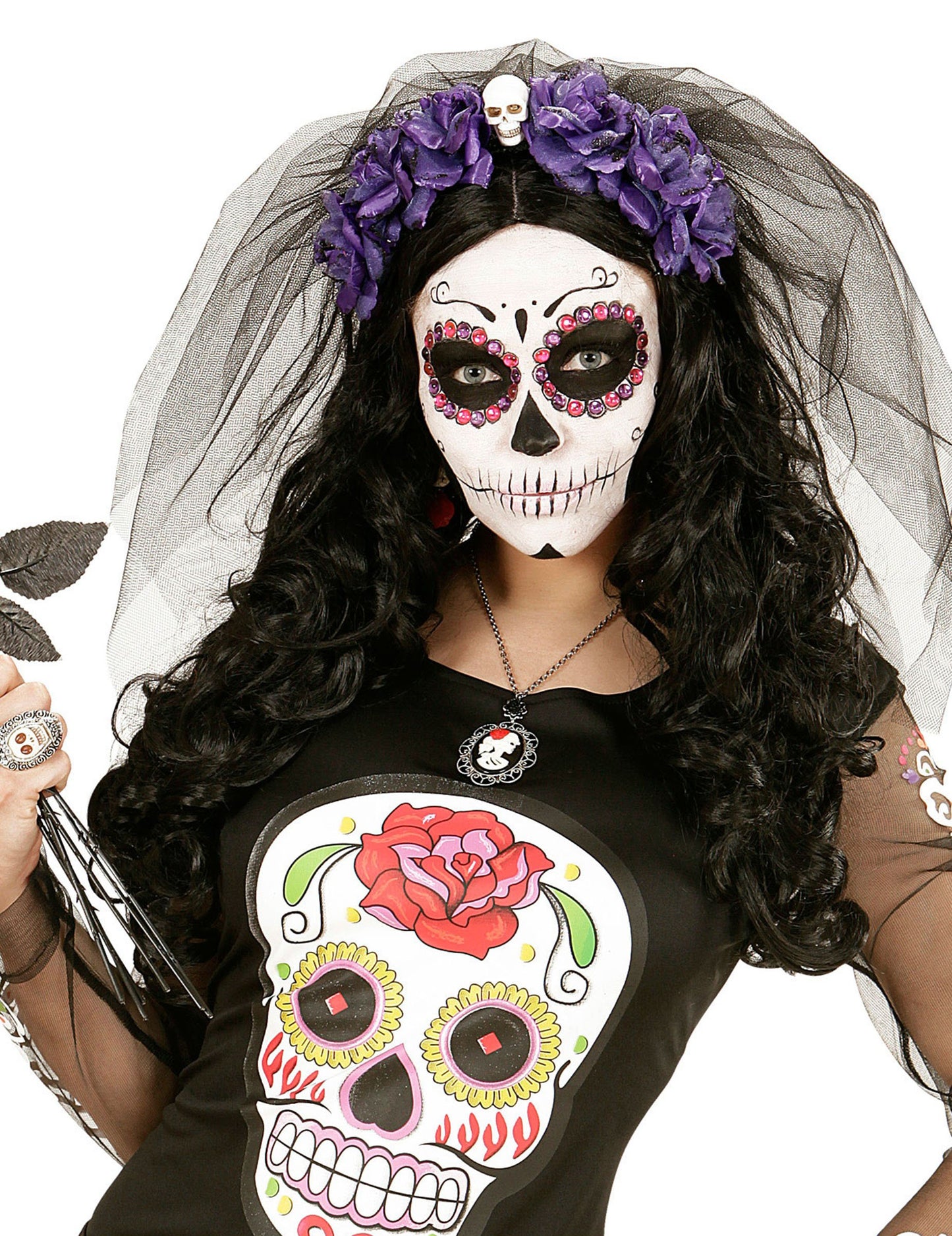 Coiffe fleurs violettes avec tête de mort Dia de los muertos pour femme avec voile noir