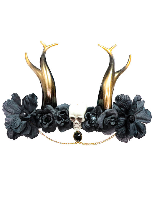 Coiffe gothique avec tête de mort pour femme noire et dorée avec cornes et fleurs