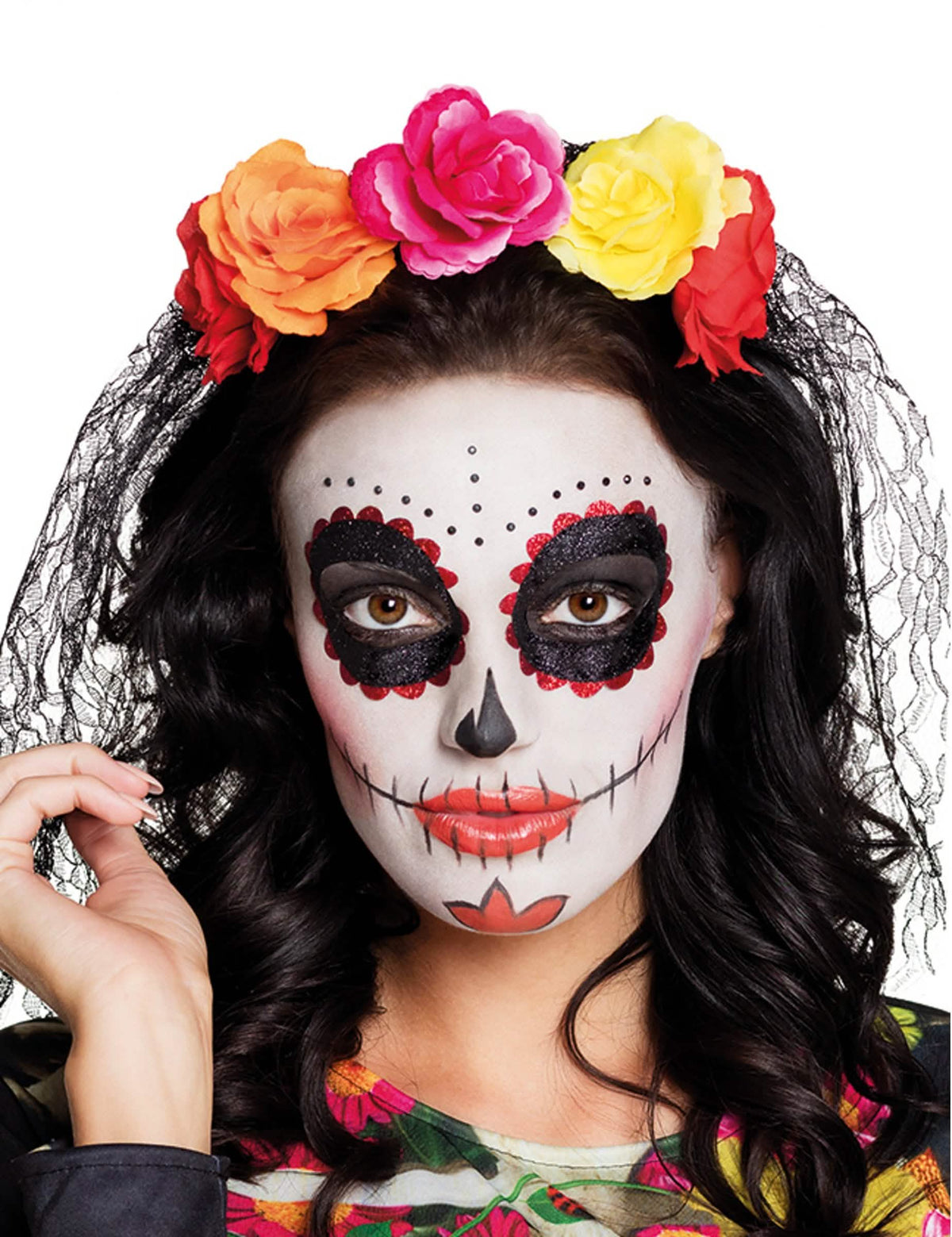Čelenka Dia de los muertos pro dospělý s velkými vícebarevnými růžemi a černým krajkovým závojem