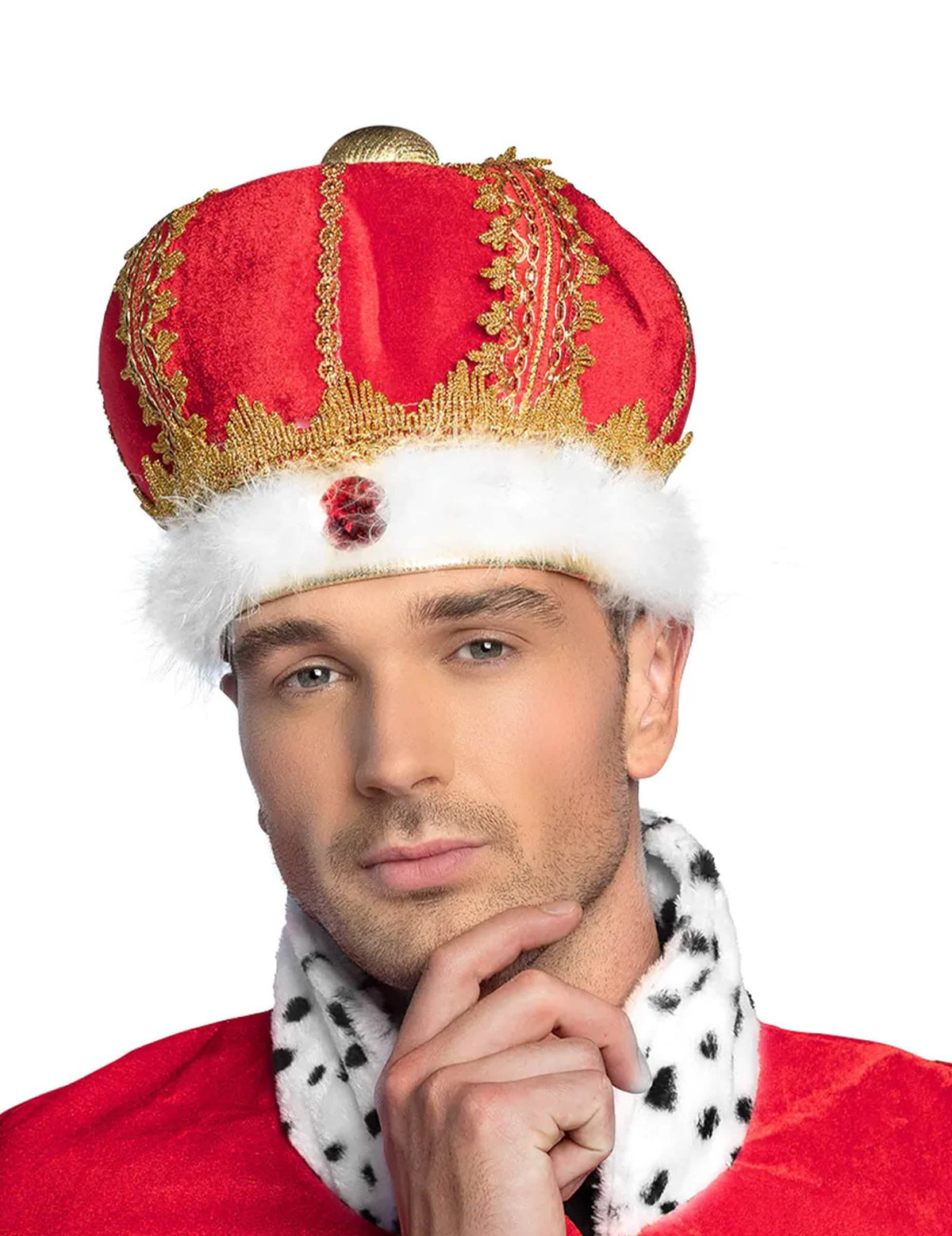 Královská čelenka pro dospělý červená a zlatá s bílou kožešinou