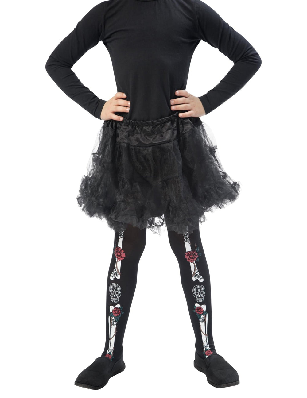 Collants squelette Dia de los muertos pour enfant noir avec motifs d'os et de roses