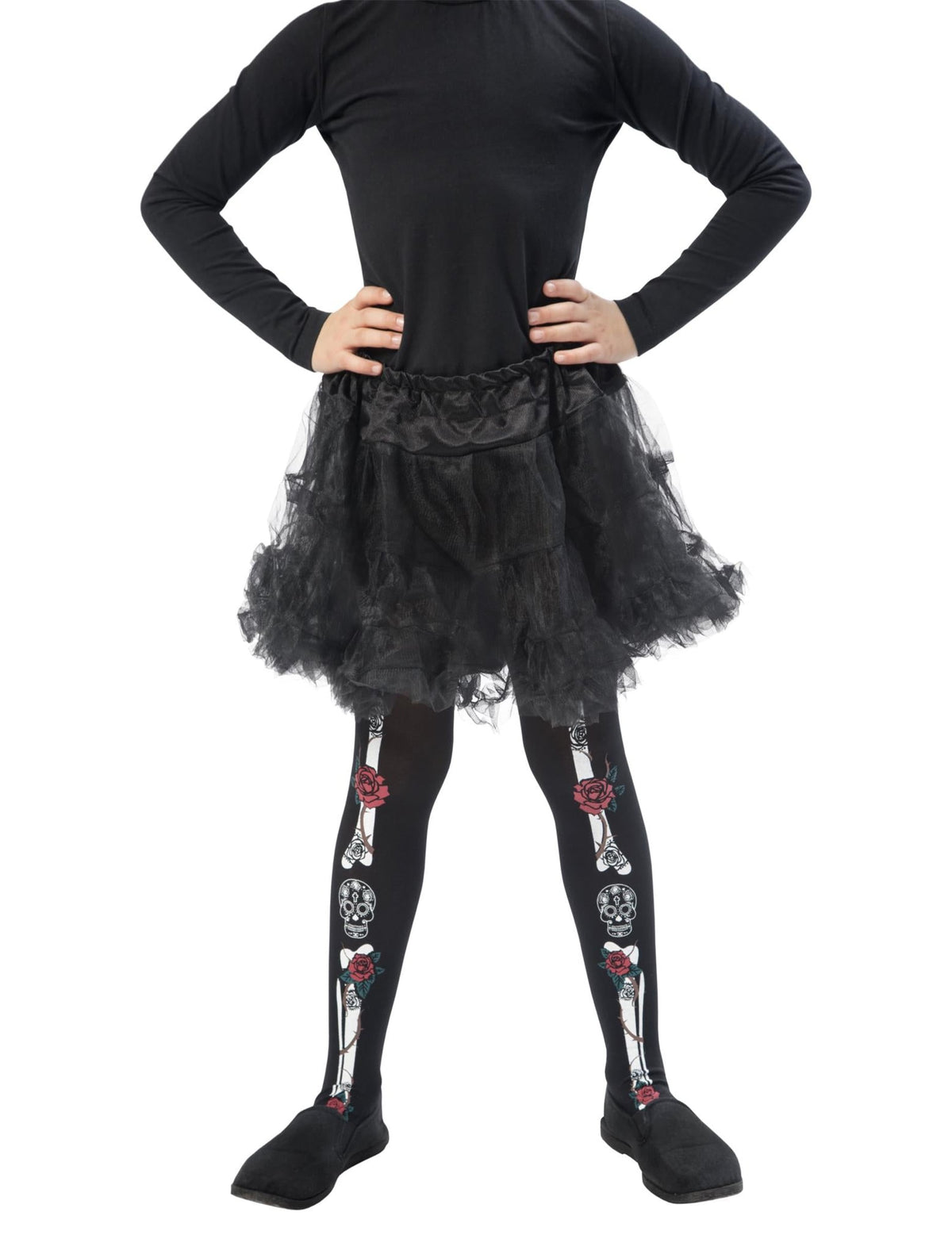 Collants squelette Dia de los muertos pour enfant noir avec motifs d'os et de roses