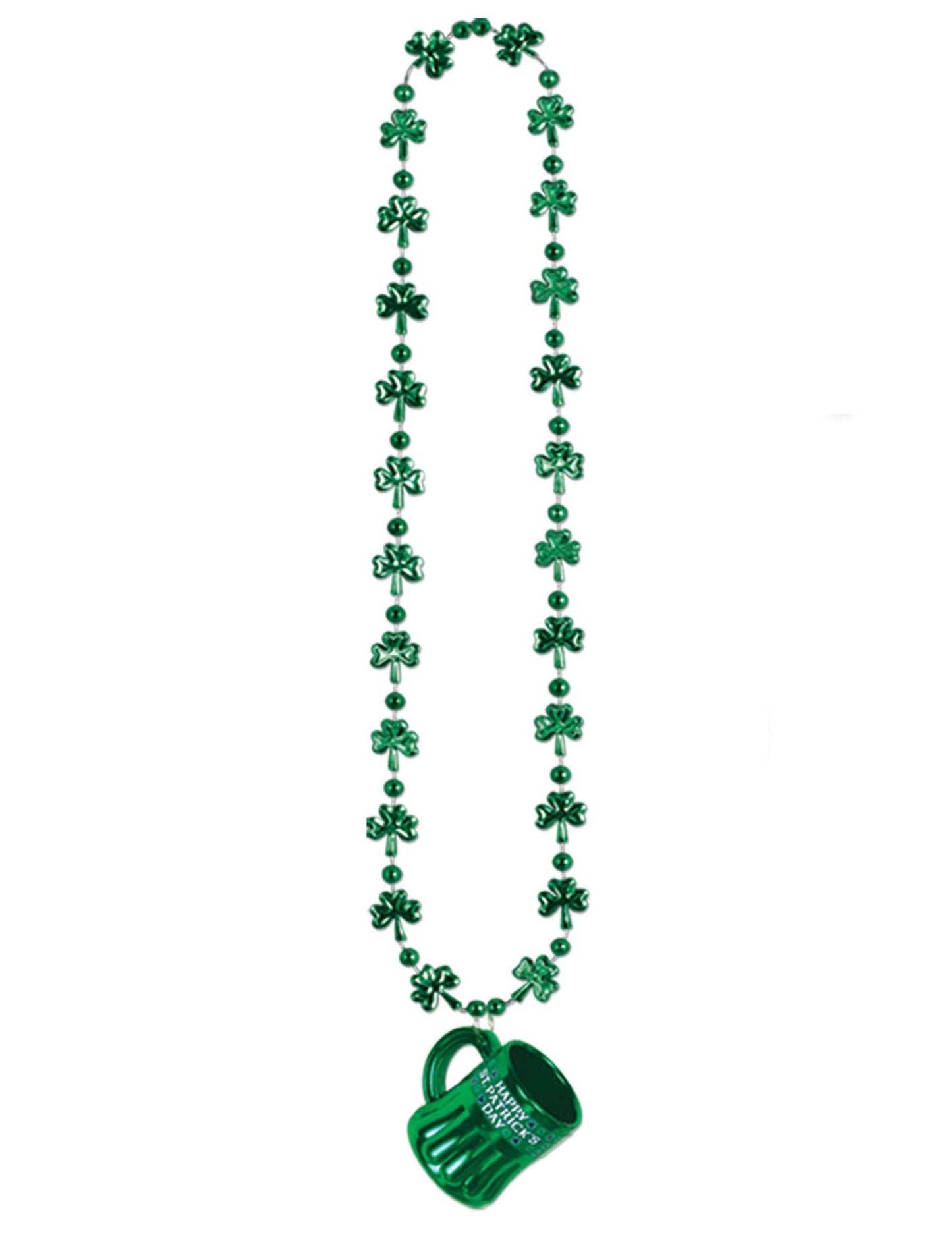 Collier St Patrick pour adulte vert avec pendentif chope et perles trèfles