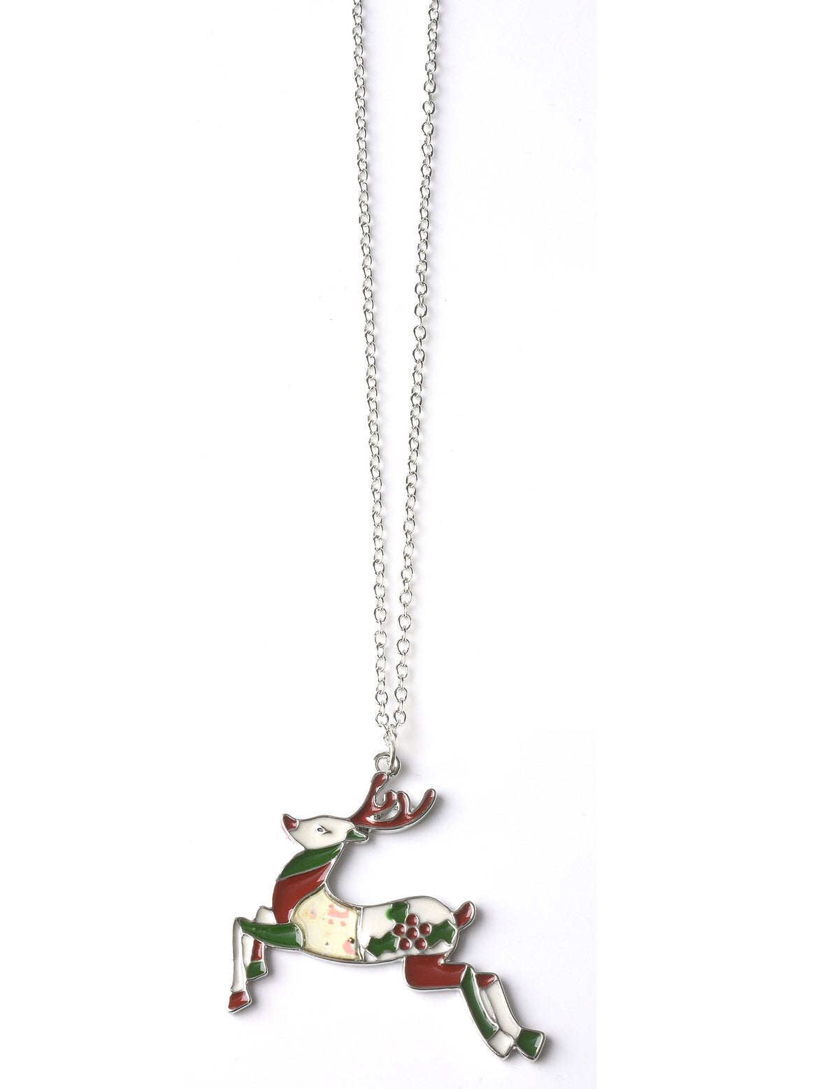 Collier fantaisie renne de Noël pour adulte argenté avec pendentif rouge et vert