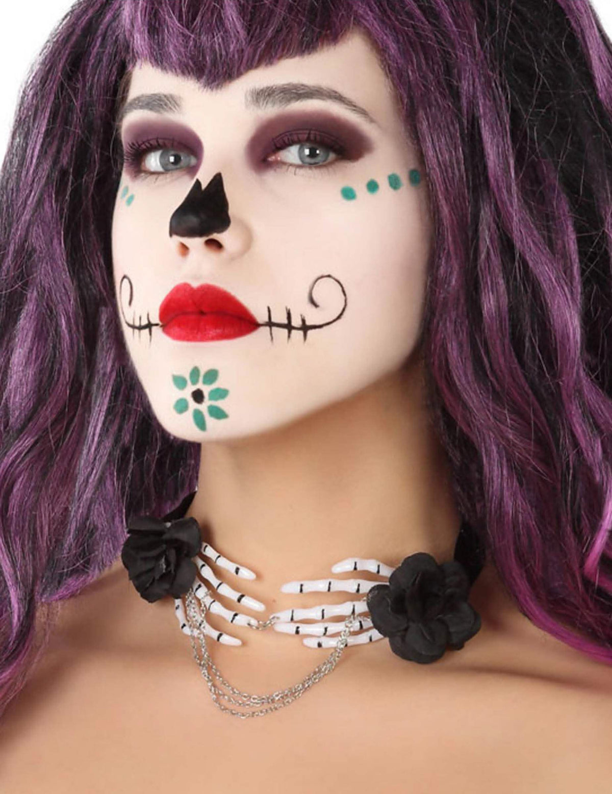 Náhrdelník s rukama kostlivce dia de los muertos pro dospělý bílá a černá s černými květy a řetízky