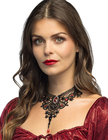 Upíří náhrdelník s krajkou a drahokamy