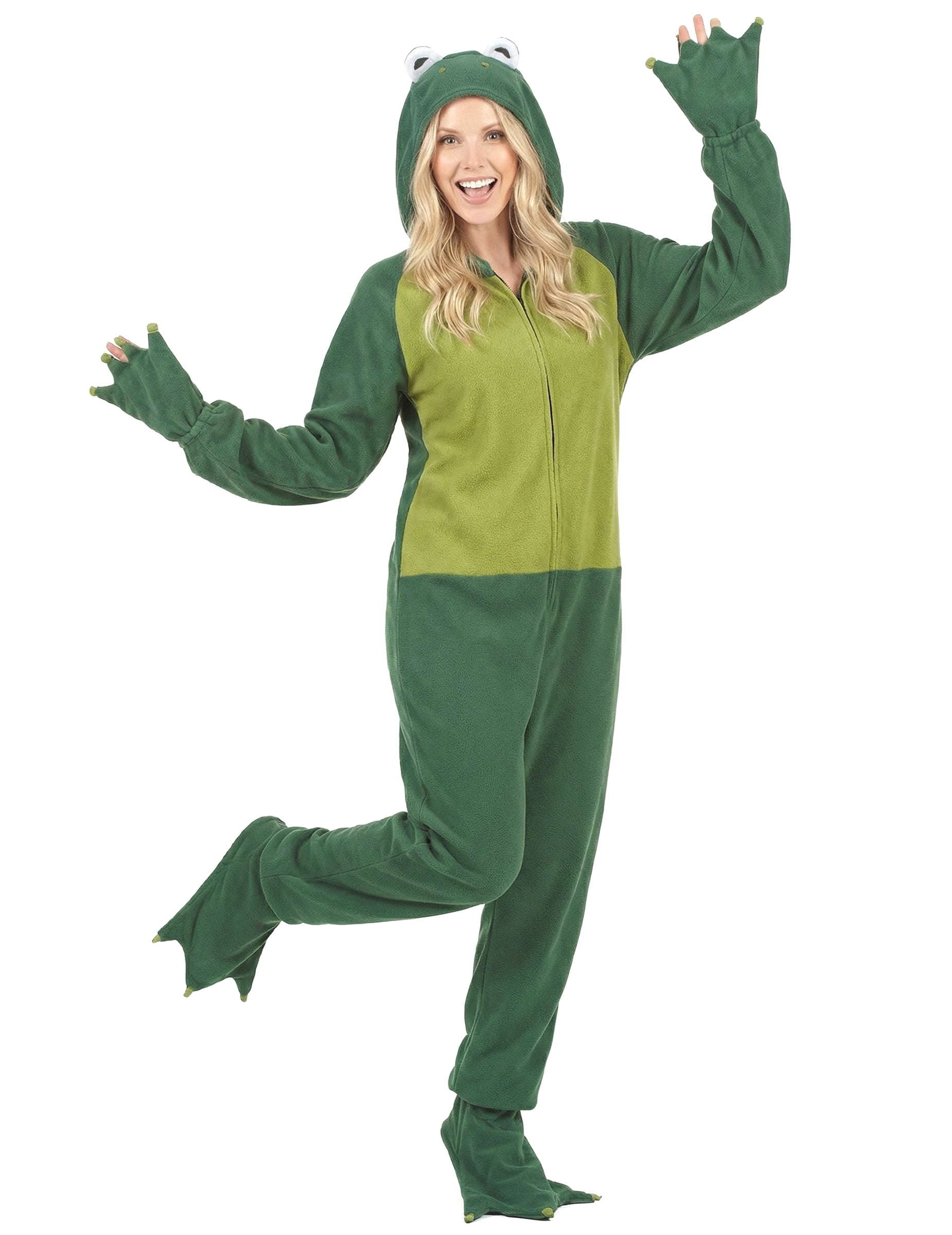 Combinaison à capuche grenouille pour femme verte avec yeux sur la capuche