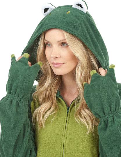 Gros plan sur la capuche et les mitaines de la combinaison à capuche grenouille pour femme