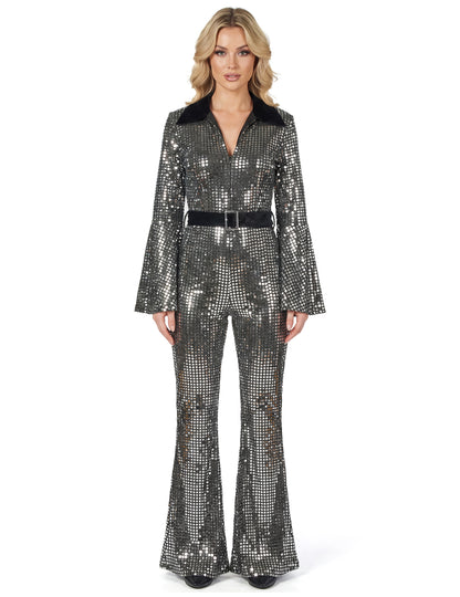 Dámská stříbrná disco kombinéza s vysokým páskem