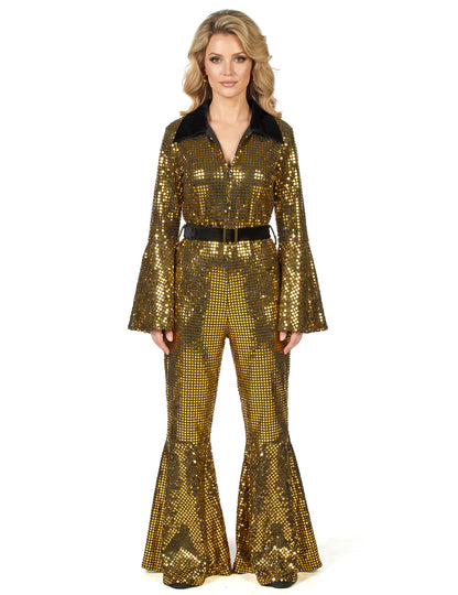 Dámská disco kombinéza ve zlaté barvě s prémiovým páskem 