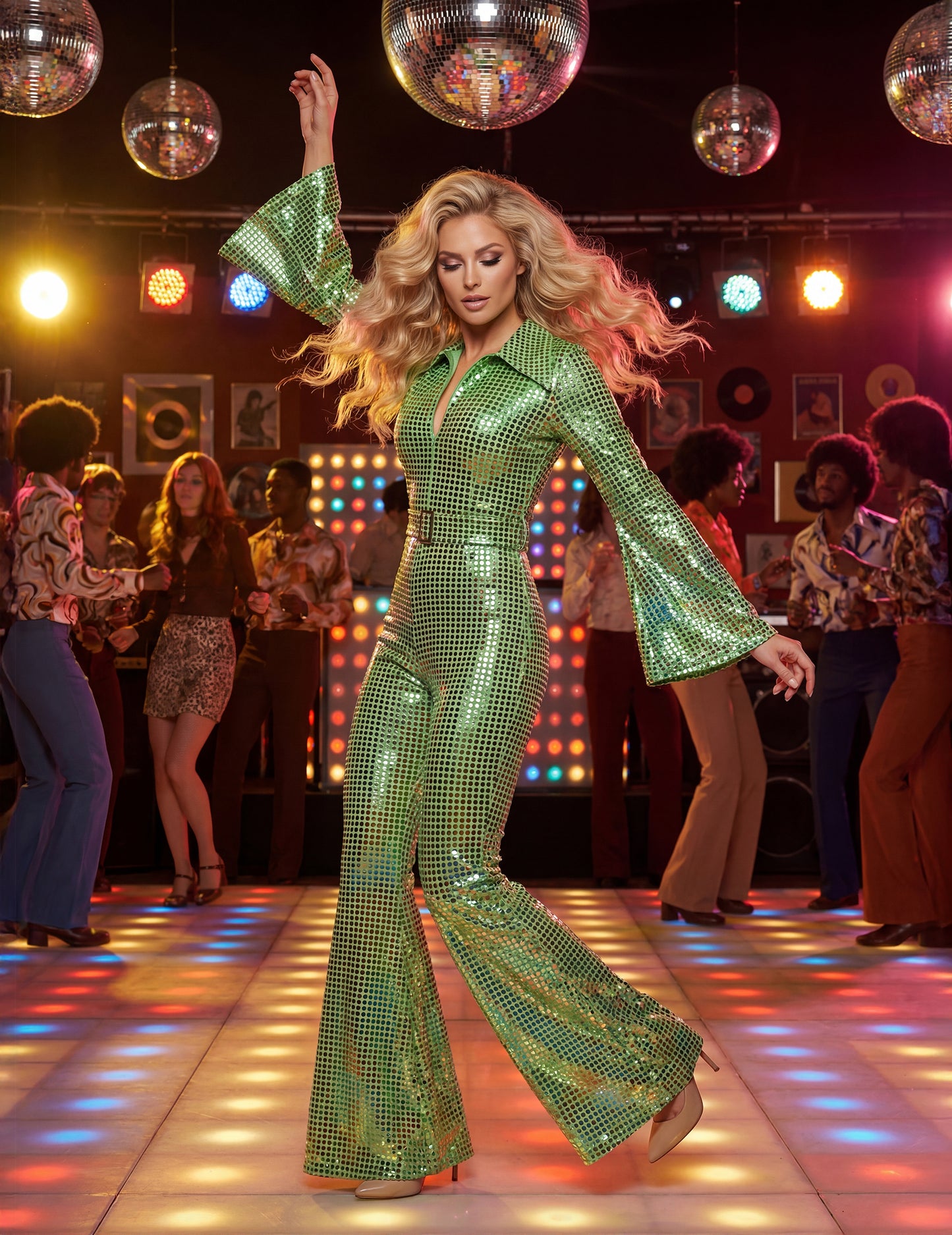 High-end zelená disco dámská kombinéza