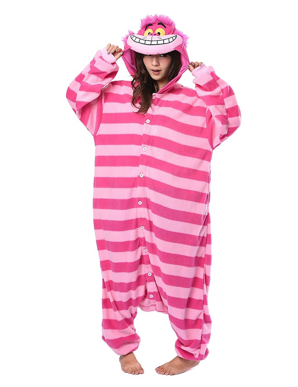 Kombinéza kigurumi kočky Šklíby z Alenky v říši divů pro dospělý s růžovými a fialovými pruhy