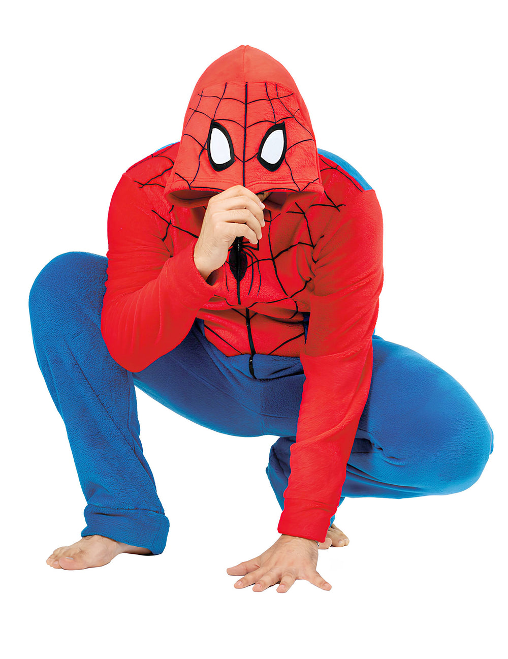 Pose accroupie avec capuche rabattue de la combinaison Spiderman classique pour adulte