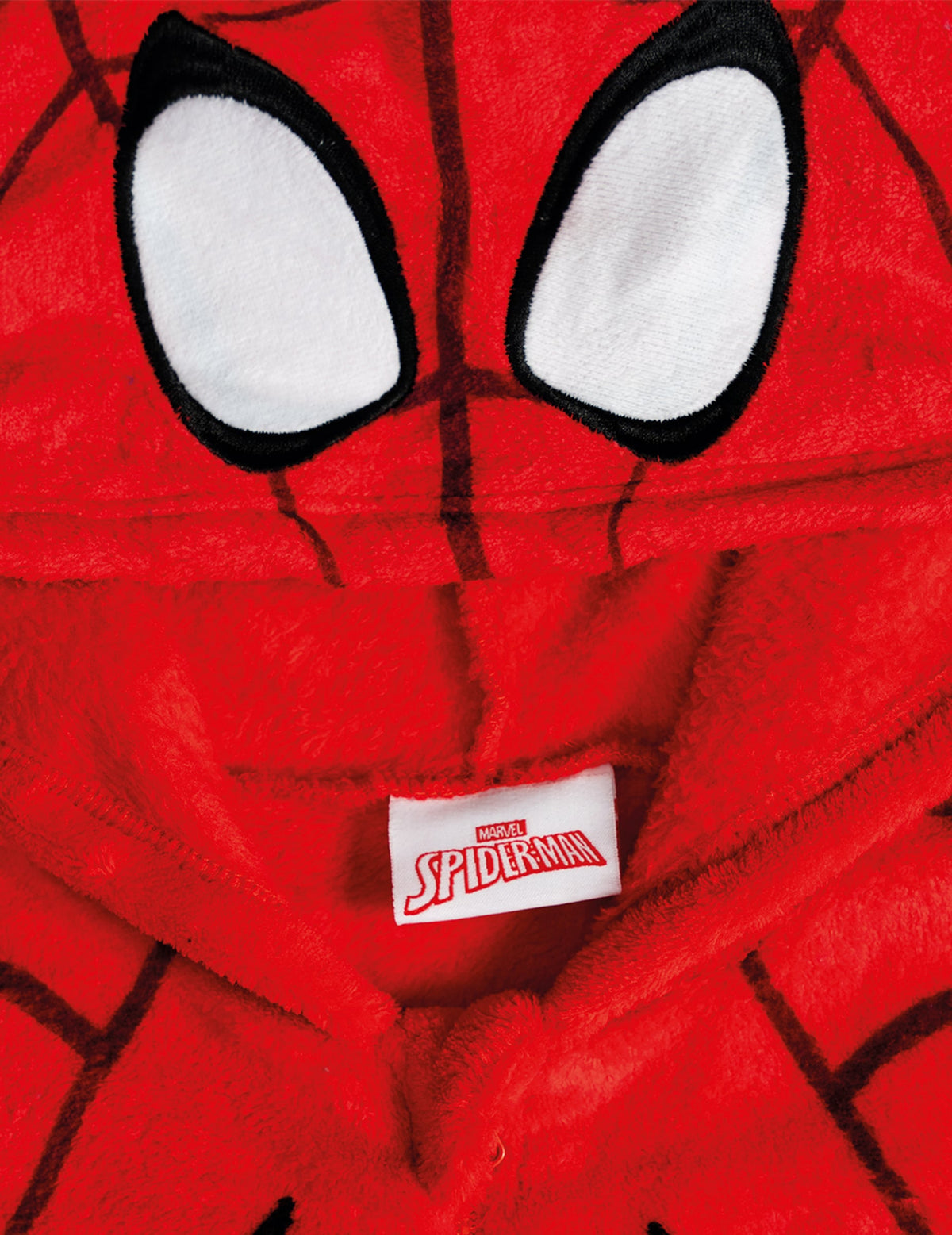 Détail de la capuche et des yeux de la combinaison Spiderman pour enfant