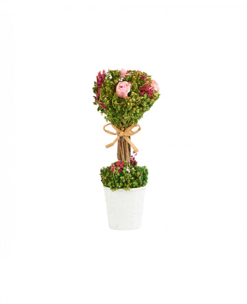 Složení sušených květů a bílých růží na stonku v květináči 18 cm x 8 cm s jutovou mašlí