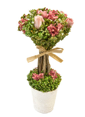 Složení sušených květů a bílých růží na stonku v květináči 18 cm x 8 cm s jutovou mašlí