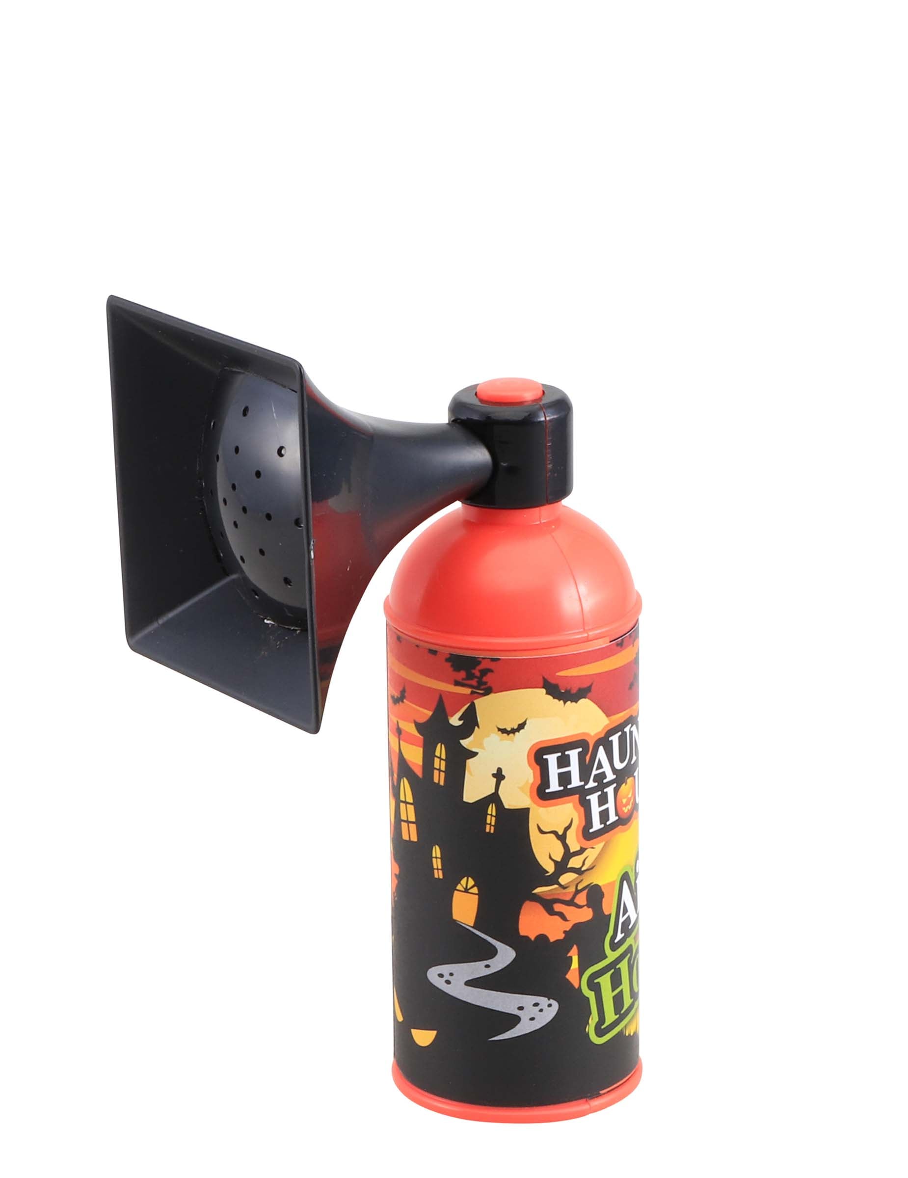 Corne sonore Halloween orange et noire 6 sons motif maison hantée