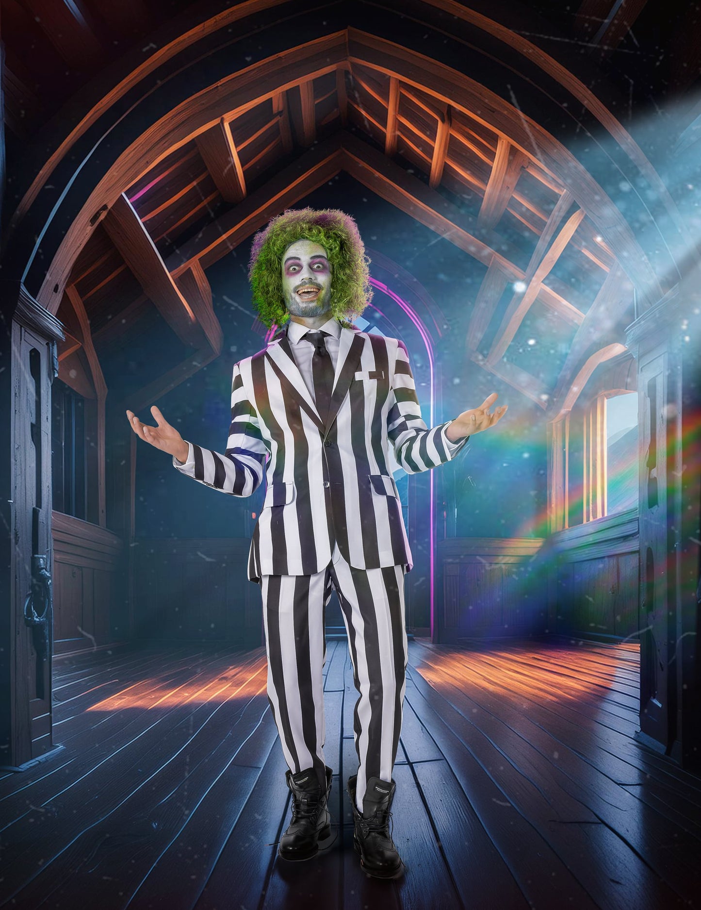 Costume Beetlejuice™ pour homme Suitmeister à rayures noires et blanches