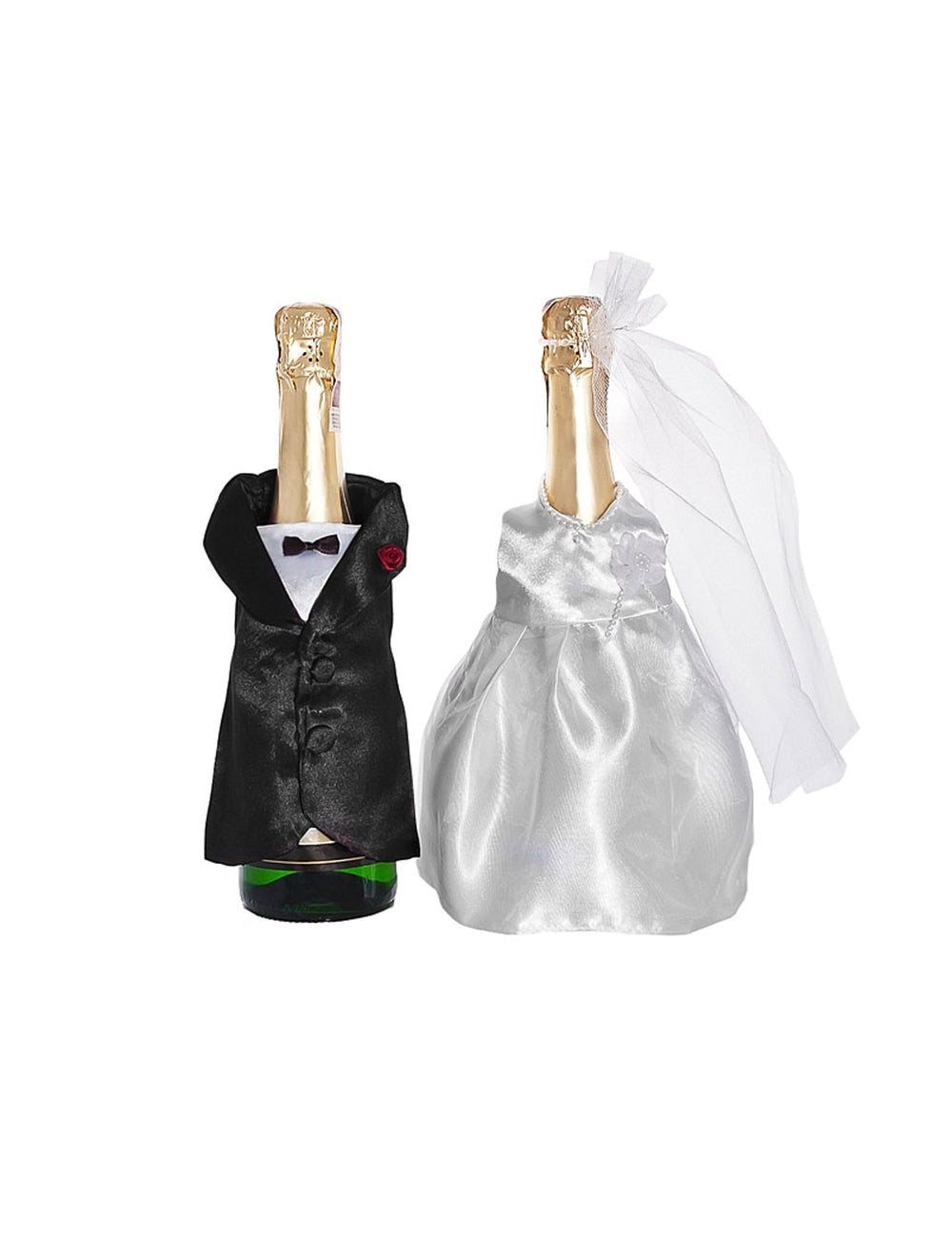 Costume et robe pour bouteilles de mariage noir et blanc avec voile