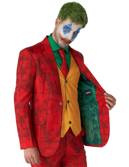 Gros plan sur la veste ouverte et le gilet du Costume Joker Suitmeister pour adulte