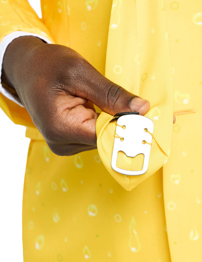 Détail du décapsuleur intégré à la cravate du costume Mr Bière Suitmeisters pour adulte