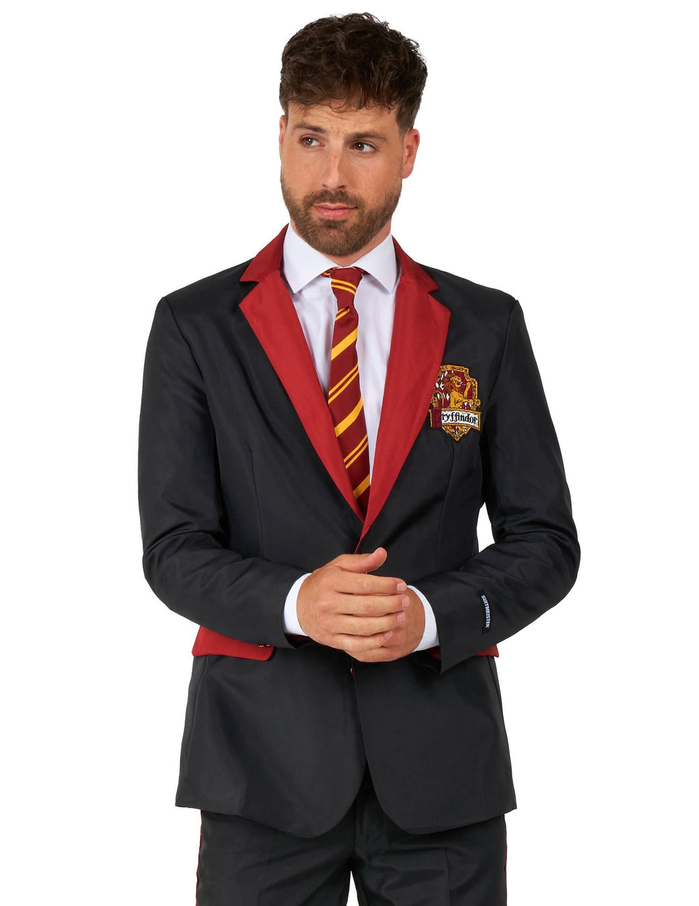 Detail na odznakou a kravatě kostýmu Mr. Gryffindor Suitmeister