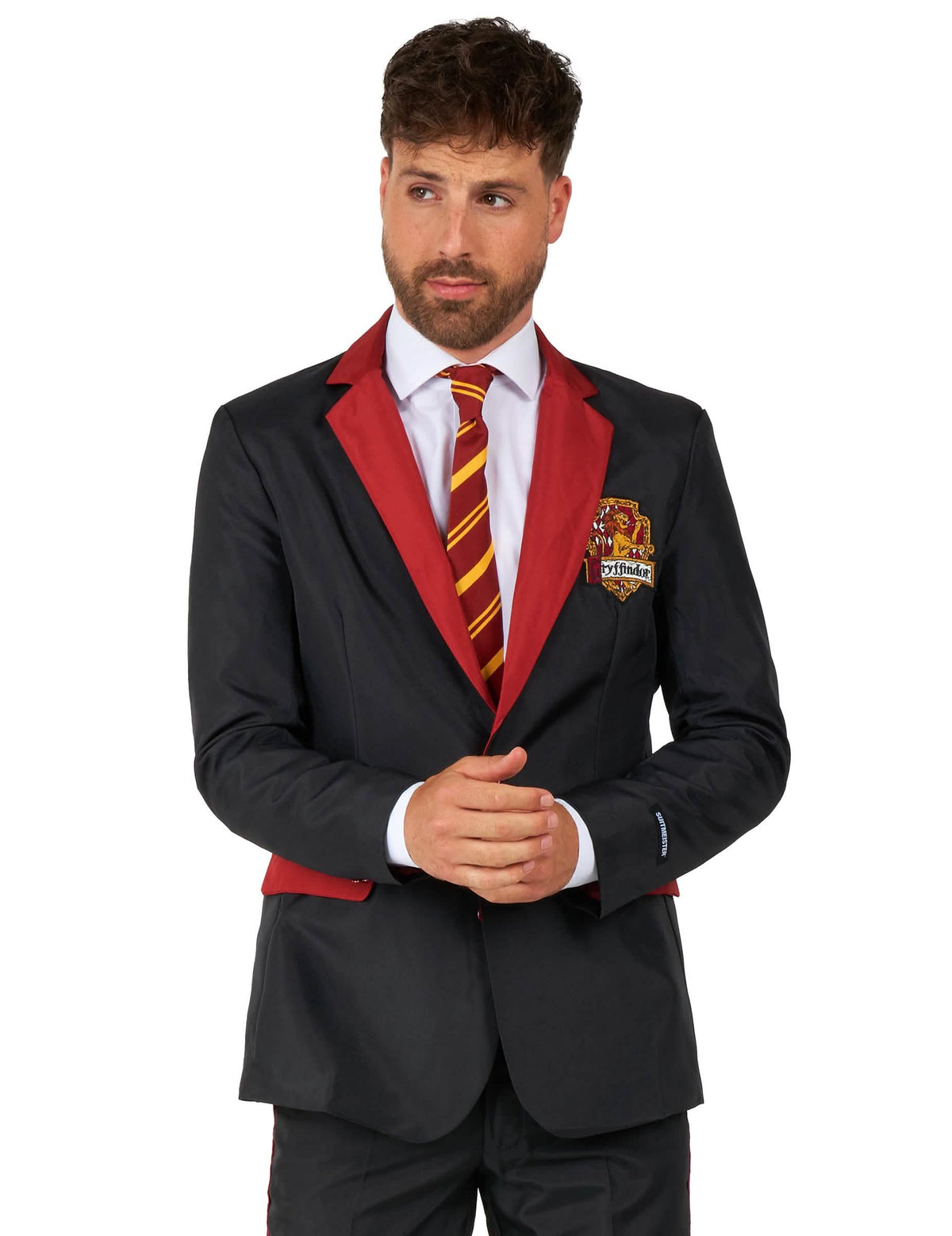 Detail na odznakou a kravatě kostýmu Mr. Gryffindor Suitmeister