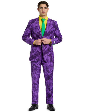 Costume Mr. Joker Opposuits pour homme violet à imprimés HAHAHA avec chemise jaune et cravate verte