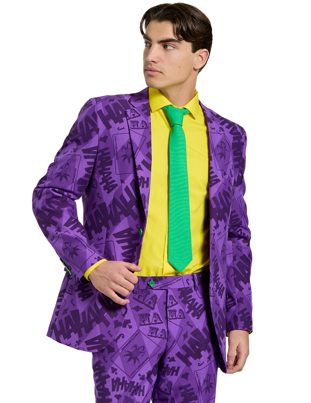 Costume Mr. Joker™ pour homme violet à motifs HAHAHA avec chemise jaune et cravate verte