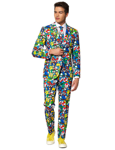 Costume Mr. Super Mario™ pour adulte bleu à motifs multicolores Opposuits™